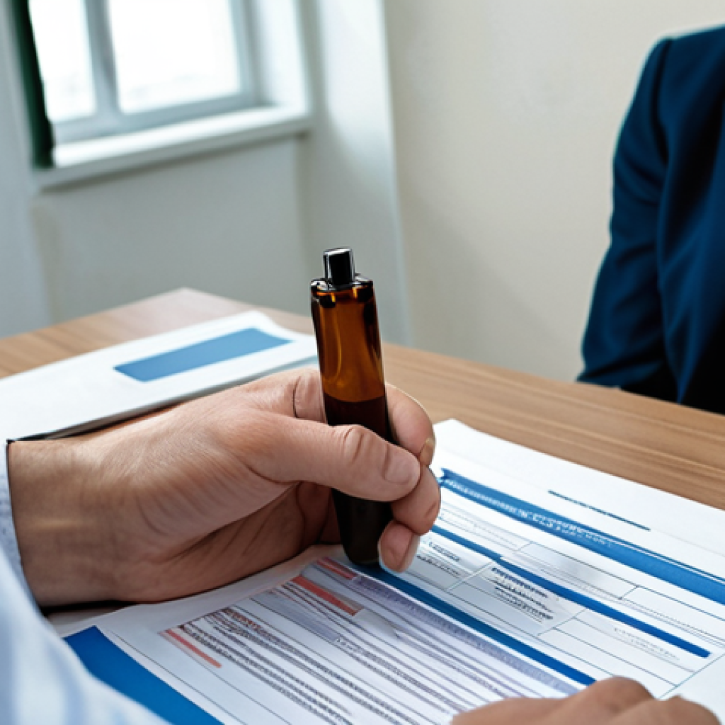**Prompt:** A focused and professional Russian addiction counselor, male or female, in a modern, well-lit office or rehabilitation center setting. The image should subtly incorporate abstract elements representing the new, stricter regulations: glowing lines or digital interface patterns symbolizing data security and telemedicine compliance, alongside blurred textures of legal documents or certificates. Emphasize a sense of precision, responsibility, and the contemporary challenges of legal adherence in addiction therapy. High detail, realistic photo.