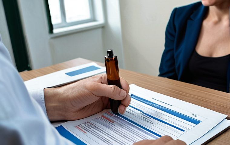 **Prompt:** A focused and professional Russian addiction counselor, male or female, in a modern, well-lit office or rehabilitation center setting. The image should subtly incorporate abstract elements representing the new, stricter regulations: glowing lines or digital interface patterns symbolizing data security and telemedicine compliance, alongside blurred textures of legal documents or certificates. Emphasize a sense of precision, responsibility, and the contemporary challenges of legal adherence in addiction therapy. High detail, realistic photo.