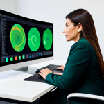 A professional female addiction counselor, an adult, seated attentively at a sleek, modern desk in a contemporary therapy office. She is engaging with a large tablet or monitor, which displays abstract, non-explicit scientific visualizations of neural pathways or a professional teleconference in progress. She wears a modest, dark business suit, exuding professionalism and calm. The office environment is clean and brightly lit, with subtle accents of green plants, suggesting a progressive and nurturing space.
