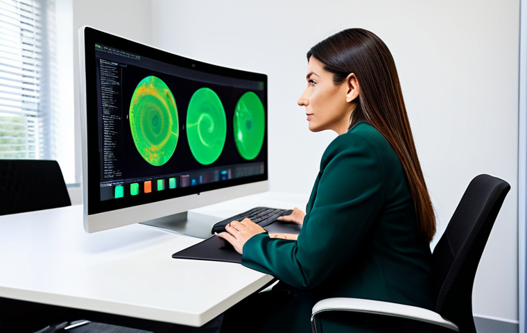 A professional female addiction counselor, an adult, seated attentively at a sleek, modern desk in a contemporary therapy office. She is engaging with a large tablet or monitor, which displays abstract, non-explicit scientific visualizations of neural pathways or a professional teleconference in progress. She wears a modest, dark business suit, exuding professionalism and calm. The office environment is clean and brightly lit, with subtle accents of green plants, suggesting a progressive and nurturing space.