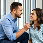 A professional female addiction counselor, fully clothed in a modest business casual outfit, sitting empathetically with a male client in a bright, modern therapy room. The client is dressed in appropriate, comfortable attire, engaged in a natural conversation. The scene highlights active listening and a safe, supportive environment, bathed in soft, natural light. Professional photography, high detail, perfect anatomy, correct proportions, well-formed hands, proper finger count, natural body proportions, safe for work, appropriate content, fully clothed, professional, family-friendly.