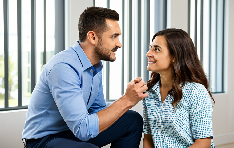 A professional female addiction counselor, fully clothed in a modest business casual outfit, sitting empathetically with a male client in a bright, modern therapy room. The client is dressed in appropriate, comfortable attire, engaged in a natural conversation. The scene highlights active listening and a safe, supportive environment, bathed in soft, natural light. Professional photography, high detail, perfect anatomy, correct proportions, well-formed hands, proper finger count, natural body proportions, safe for work, appropriate content, fully clothed, professional, family-friendly.