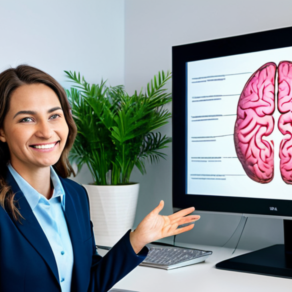 **

A professional psychologist in a bright, modern office setting, fully clothed in modest professional attire. She is smiling warmly and gesturing towards a holographic display showing brain activity. The office includes calming plants and comfortable seating. Safe for work, appropriate content, perfect anatomy, correct proportions, natural pose, well-formed hands, proper finger count, natural body proportions, professional, family-friendly.

**
