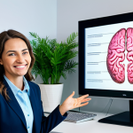 **

A professional psychologist in a bright, modern office setting, fully clothed in modest professional attire. She is smiling warmly and gesturing towards a holographic display showing brain activity. The office includes calming plants and comfortable seating. Safe for work, appropriate content, perfect anatomy, correct proportions, natural pose, well-formed hands, proper finger count, natural body proportions, professional, family-friendly.

**