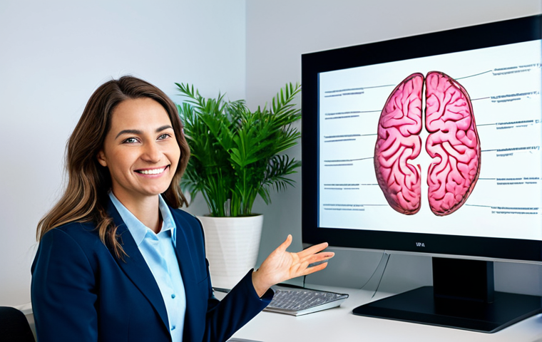 **

A professional psychologist in a bright, modern office setting, fully clothed in modest professional attire. She is smiling warmly and gesturing towards a holographic display showing brain activity. The office includes calming plants and comfortable seating. Safe for work, appropriate content, perfect anatomy, correct proportions, natural pose, well-formed hands, proper finger count, natural body proportions, professional, family-friendly.

**
