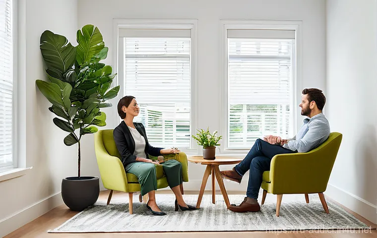 중독상담사 실무에서의 문제 해결 능력 - Building Trust and Empathy in Therapy**

*   **Scene:** A cozy, modern therapy room bathed in soft, ...