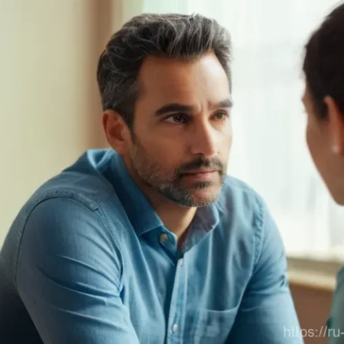 중독상담 사례연구 보고서 작성법 - A male addiction therapist, in his late 40s, with kind and attentive eyes, wearing a neat casual shi...