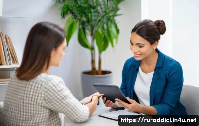 중독상담사로서의 커리어 성장 단계 - A compassionate addiction counselor in a cozy, well-lit therapy room designed for client comfort and...