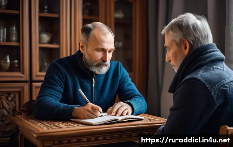 중독상담사 직업을 위한 심리학 전공 활용법 - A compassionate addiction counselor in a cozy, softly lit therapy room in Moscow, Russia, attentivel...