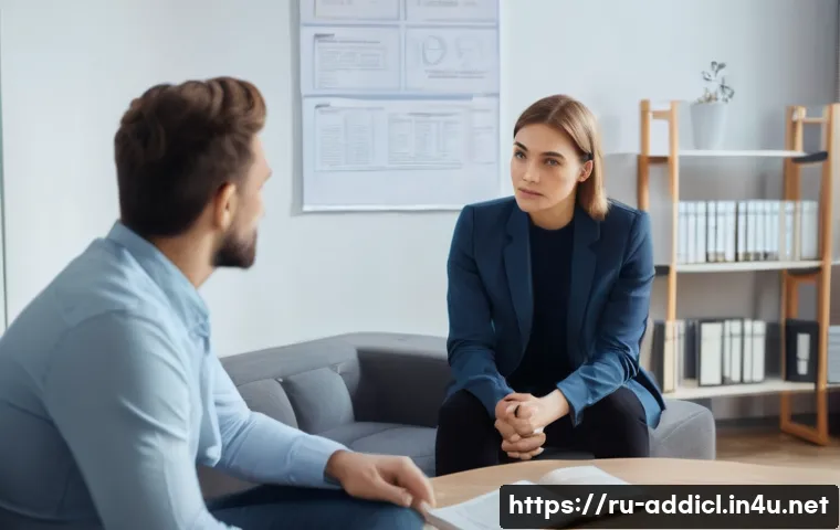 중독상담사 시험 중점 과목 정리 - A professional psychology counselor sitting in a modern office setting, attentively listening to a m...